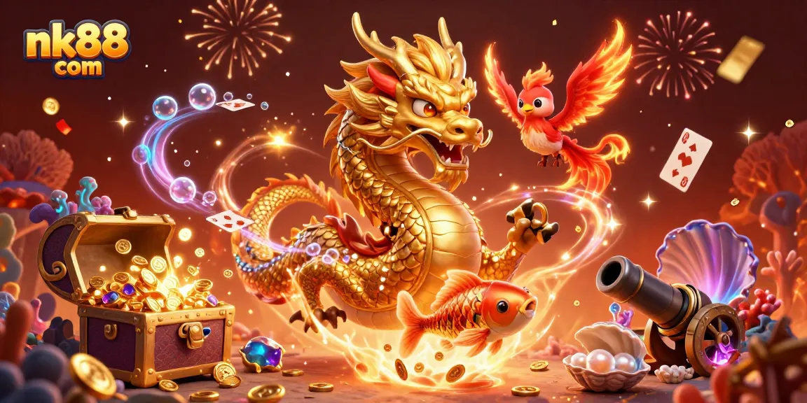 Experience exciting gaming with nk88 com's vibrant illustration of a dragon, phoenix, and koi fish