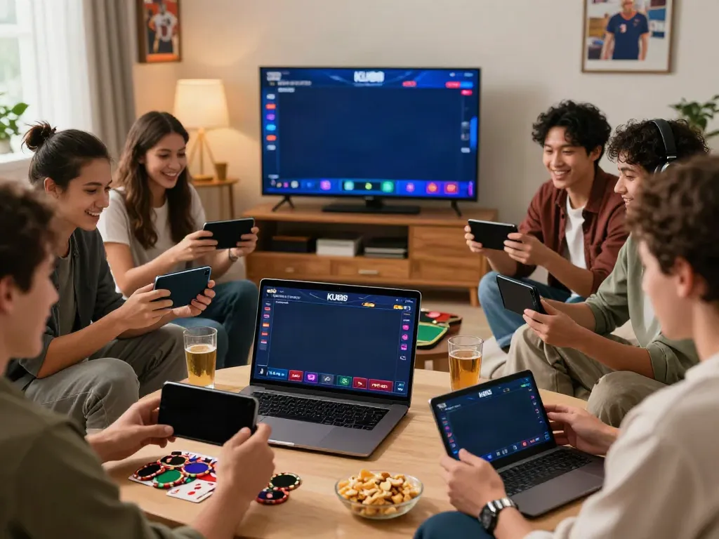 Friends enjoying an engaging online gaming session on ku88 in a cozy living room.