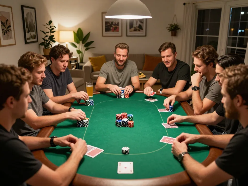 Friends enjoying an engaging poker night at home, playing with mv66 poker chips and cards.