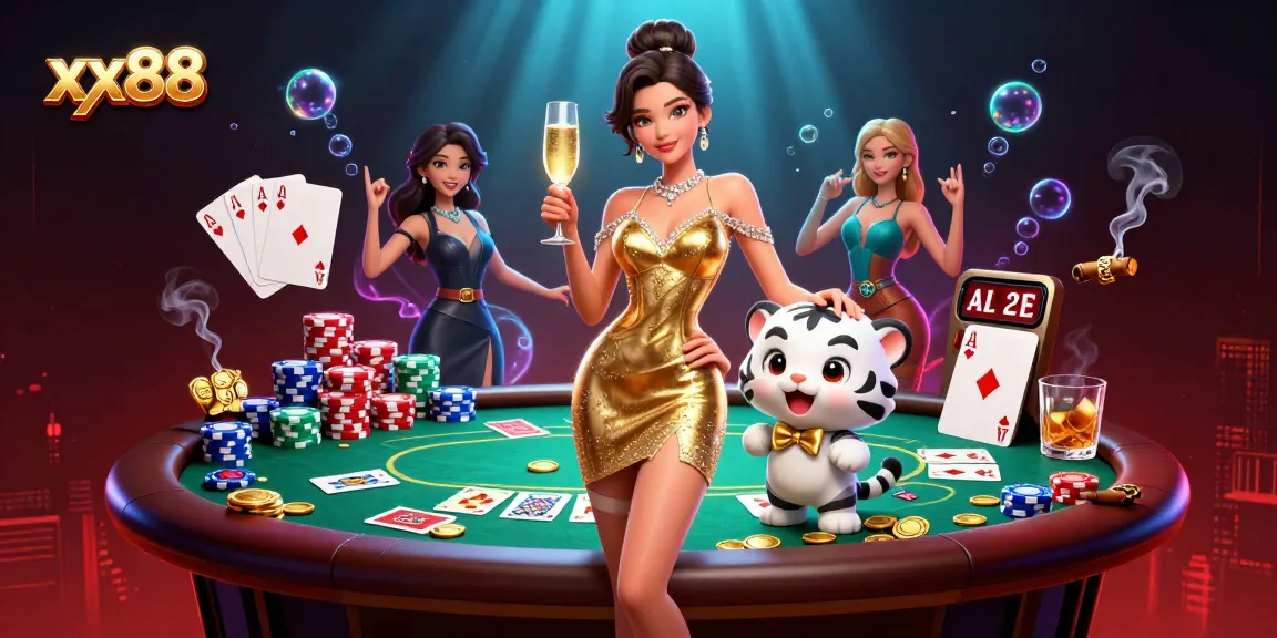 Engage in thrilling games at xx88 with a glamorous lady and a lucky tiger cub in a vibrant casino.