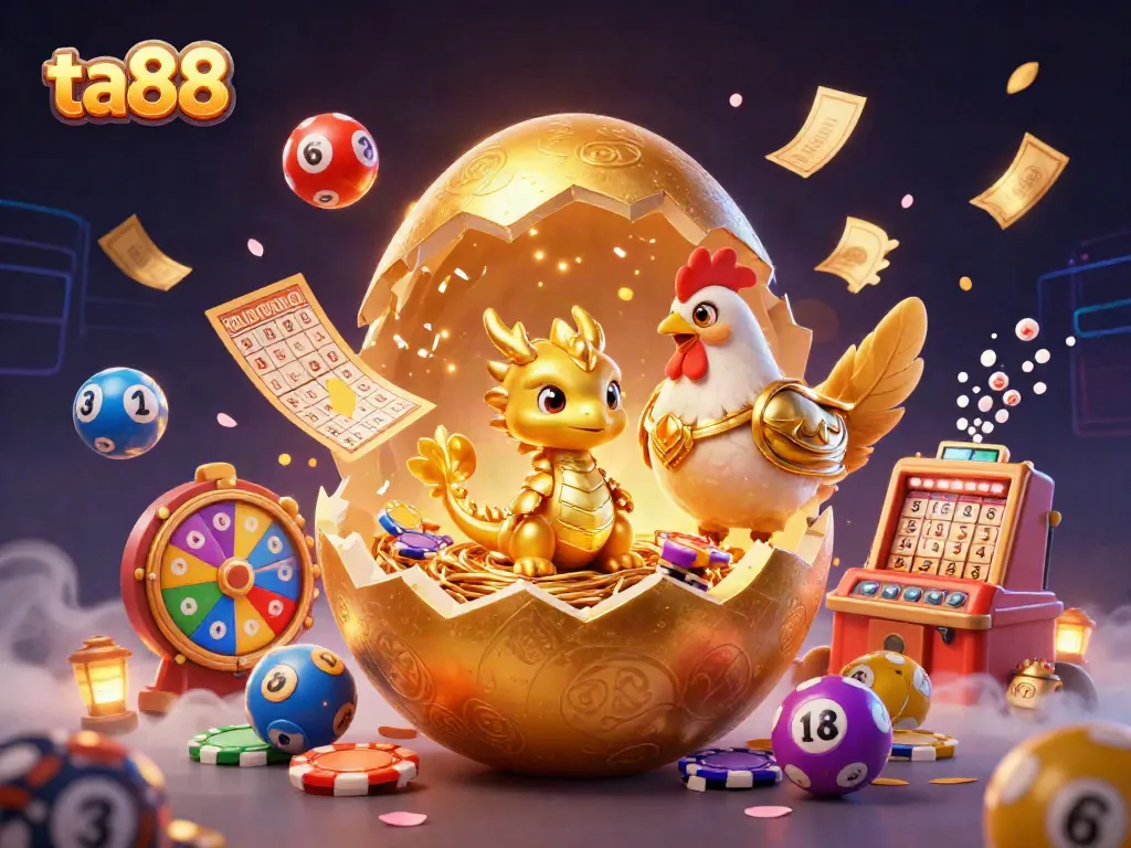 Experience the excitement at ta88 with a rich scene featuring a golden dragon and poker chips amidst colorful lottery dynamics.