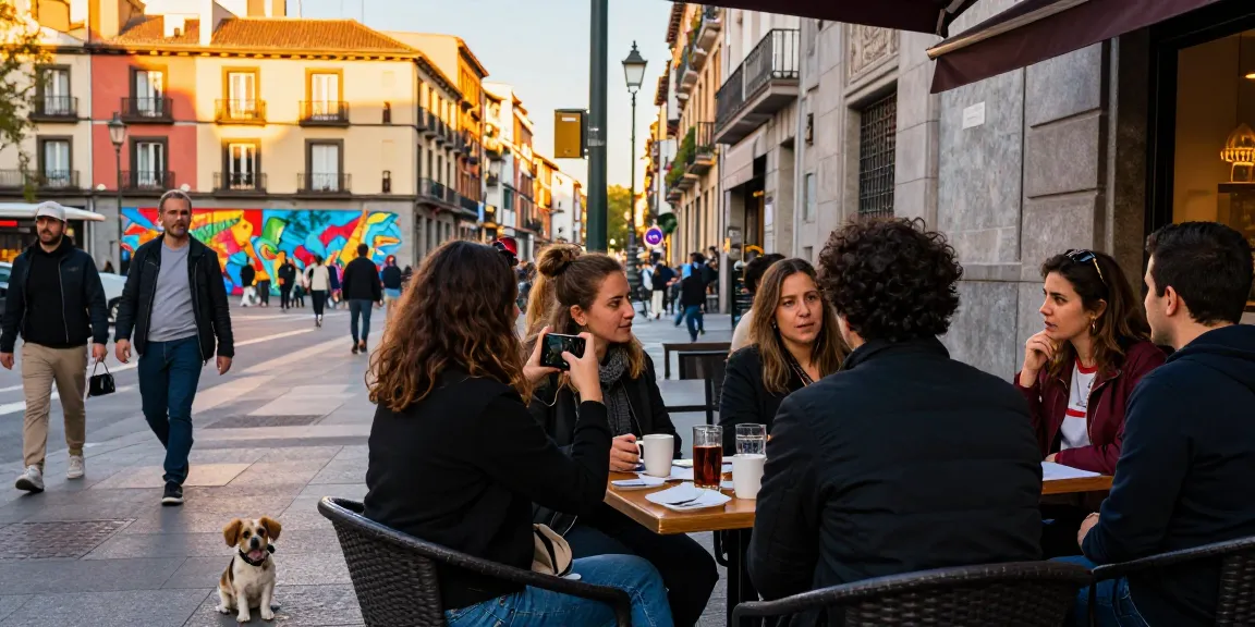 Escena urbana en Madrid con conversaciones y vida local, Noticias de Madrid reflejadas en un café.