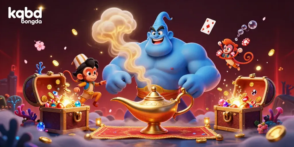 Experience the excitement of kqbd bongda with a dynamic illustration of a genie and poker-themed elements.