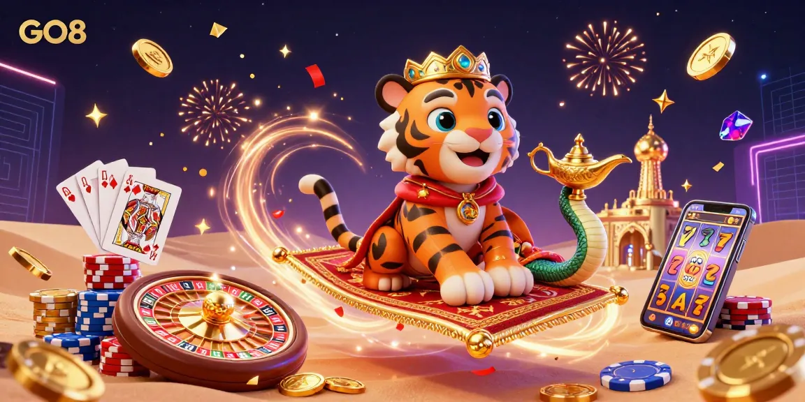 Engage with GO8 through an enchanting 3D illustration of a tiger sultan amidst vibrant casino elements.