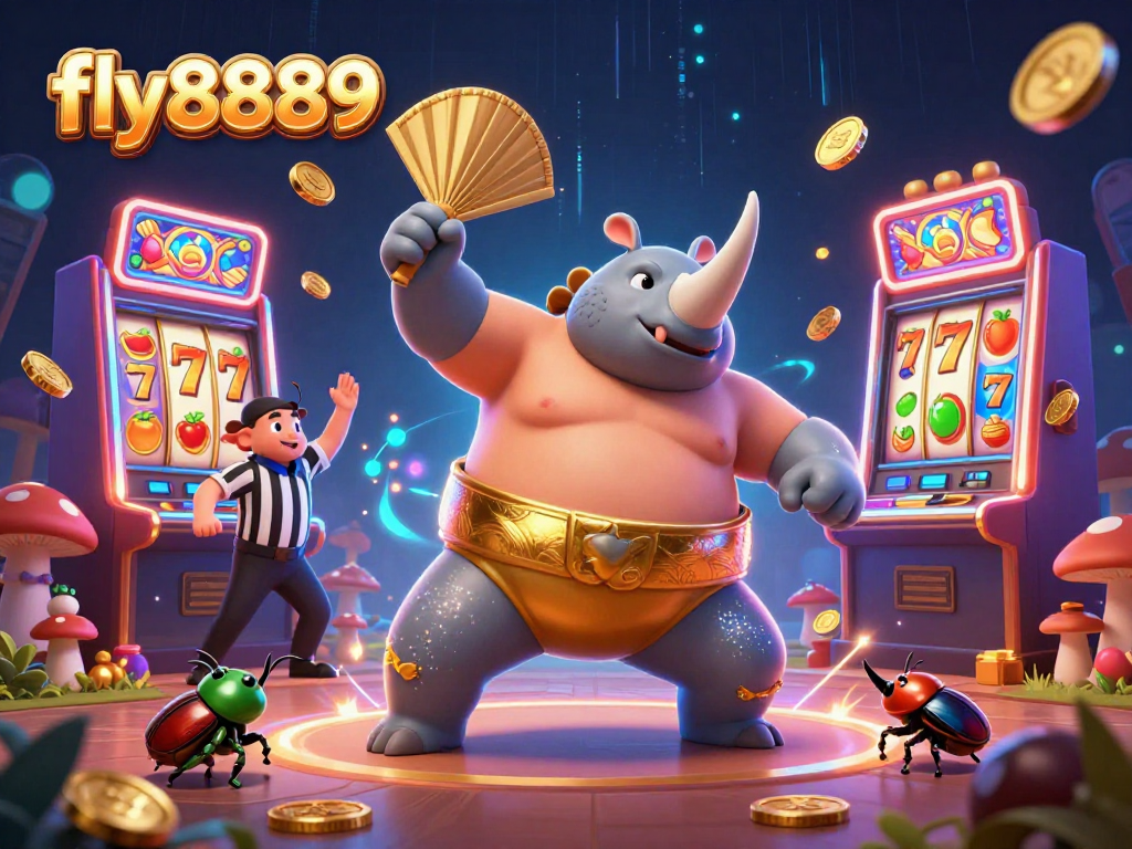 Experience thrilling gameplay at fly8889 with vibrant illustrations showcasing exciting slot reels and a unique casino atmosphere.