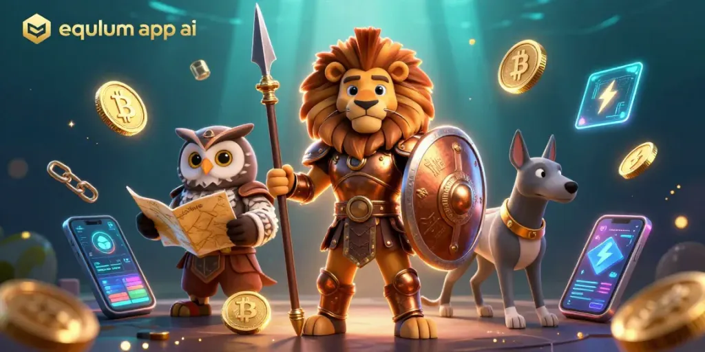 Engage in thrilling crypto trading with equlum app ai through a heroic Spartan lion and dynamic companions.