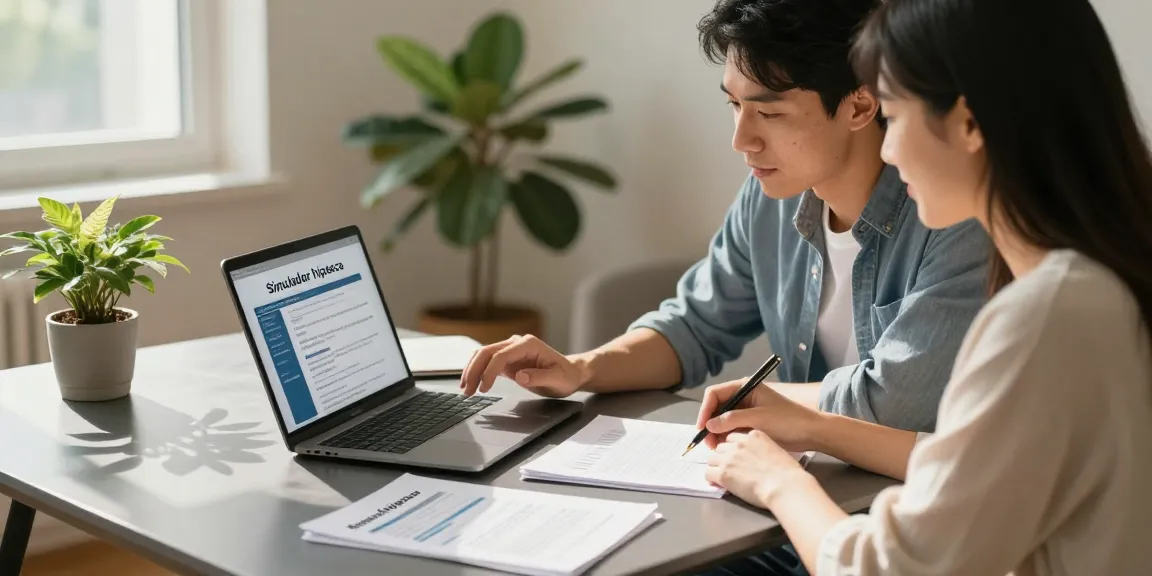 Couple using the simulador hipoteca to explore mortgage options in a modern home office.