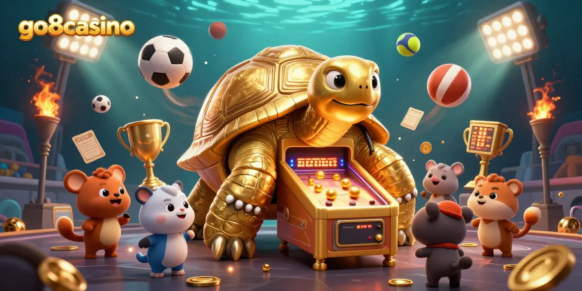 Experience go8casino with a vibrant scene of a golden tortoise pinball machine animated with small animals and sports elements.