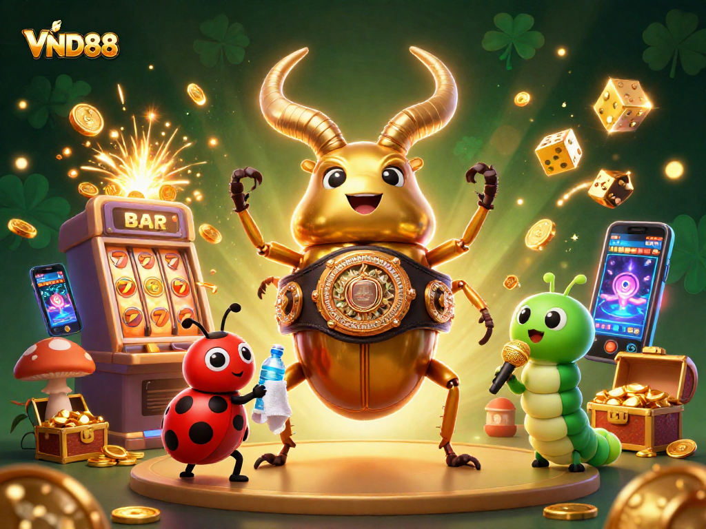 Experience the excitement of VND88 with a vibrant casino scene featuring dynamic characters and jackpot games.