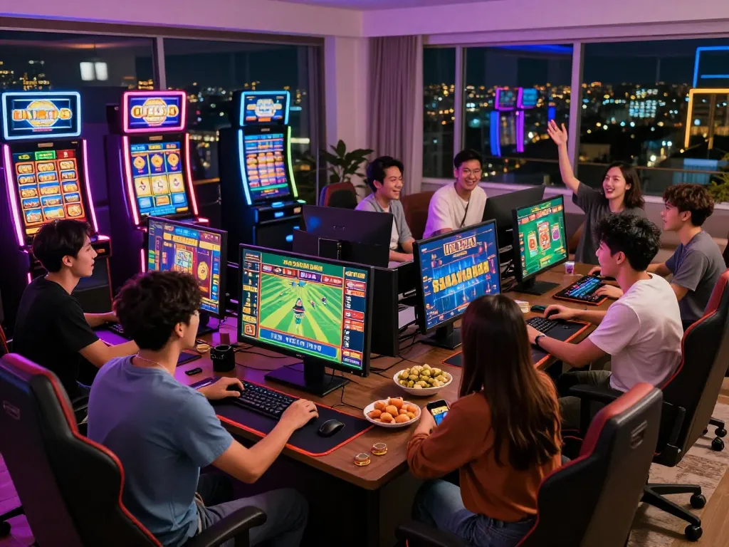 Engaged friends enjoying exciting online games at https://rr88c.mobi/ in a lively home gaming environment.