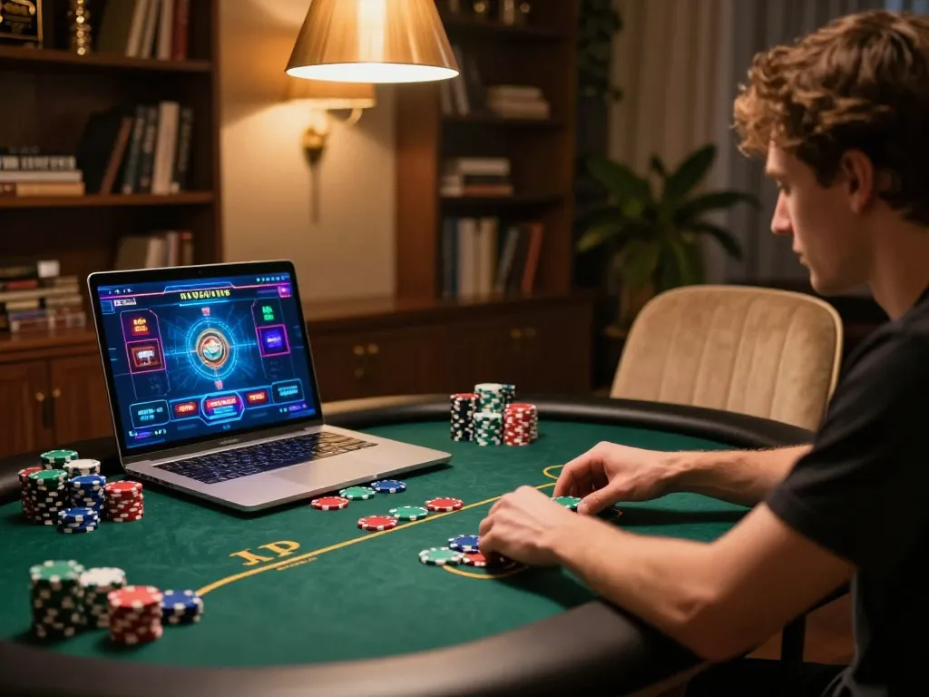 Player engaging in strategic poker gameplay on O8’s online casino platform, showcasing colorful chips and vibrant graphics.