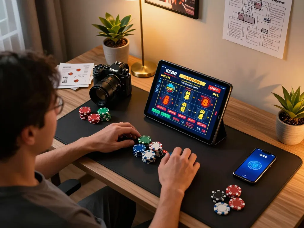 Engaged player using GG88 online casino app with gaming chips nearby, showcasing a vibrant home gaming atmosphere.