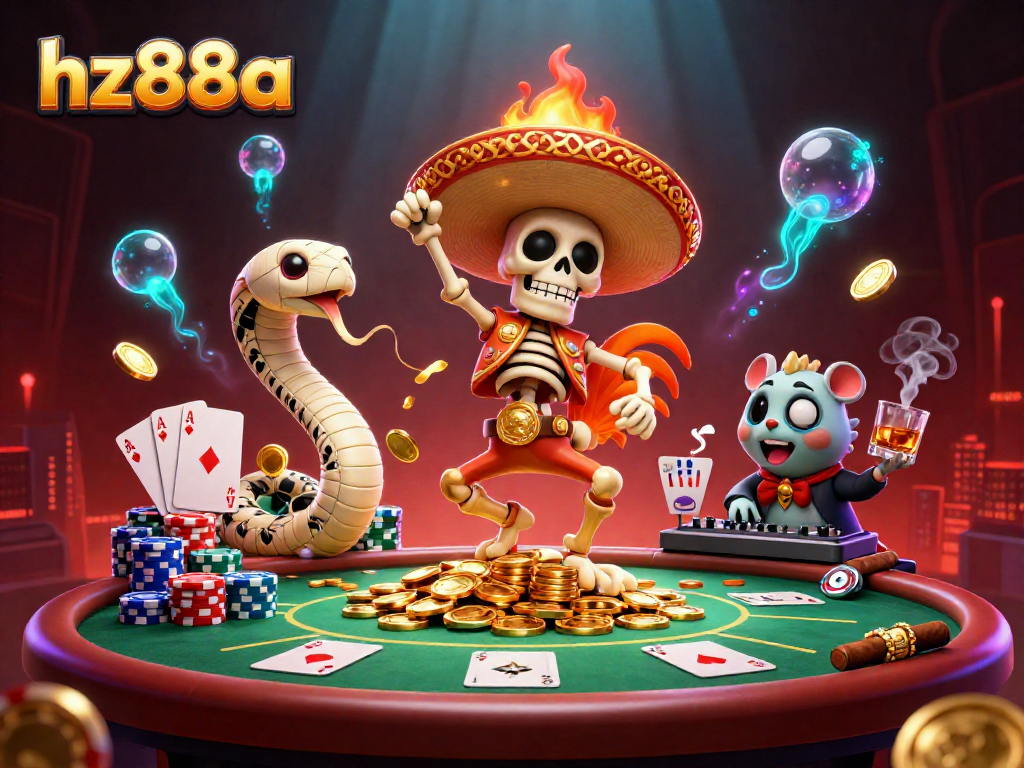Experience thrilling gameplay at hz88a with a 3D animated victory dance scene featuring unique casino characters.