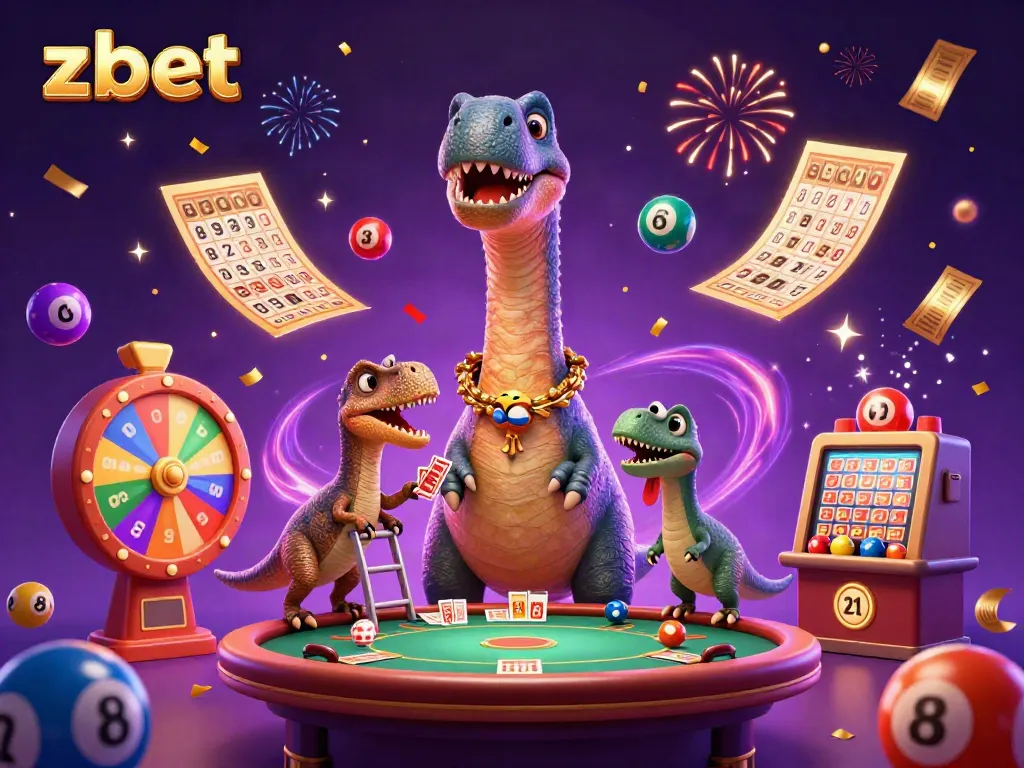 Experience zbet excitement with a lively casino scene featuring a giant brontosaurus overseeing a poker table.