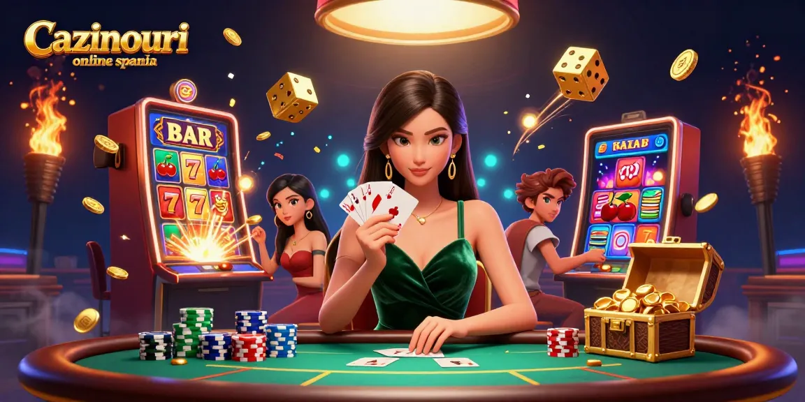 Experience the excitement of Cazinouri online spania with a stunning poker scene featuring a beautiful Asian woman and dynamic casino elements.