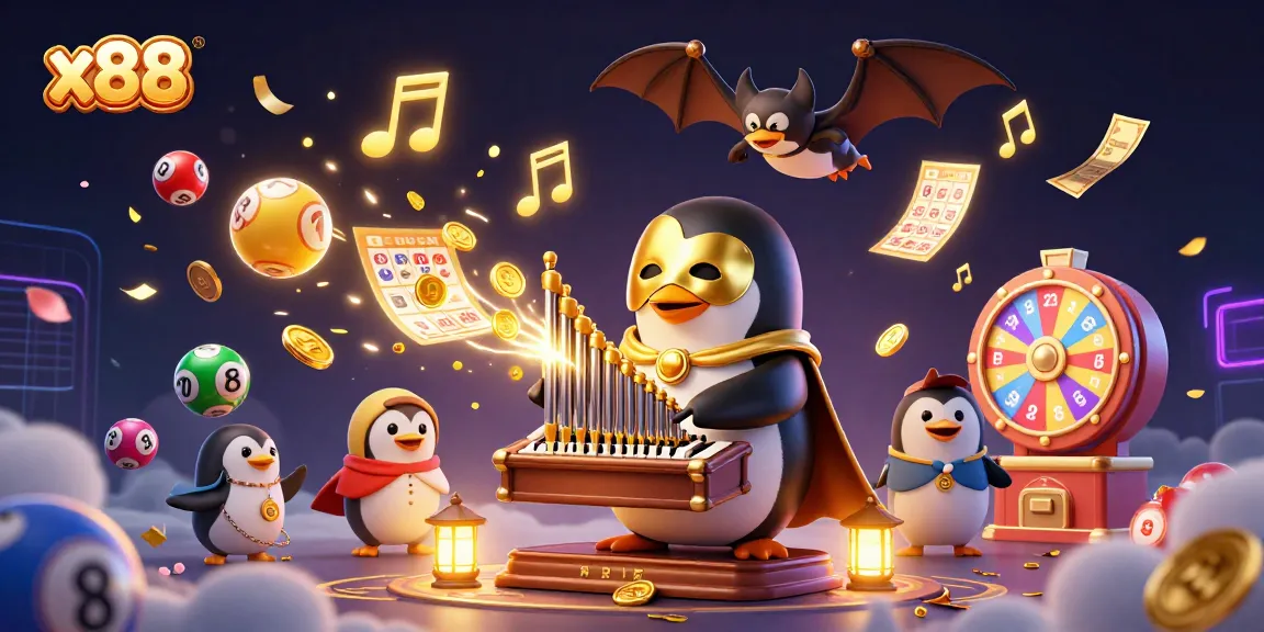 Experience the thrill of x88 with a vibrant illustration featuring a penguin composer and dynamic casino elements.