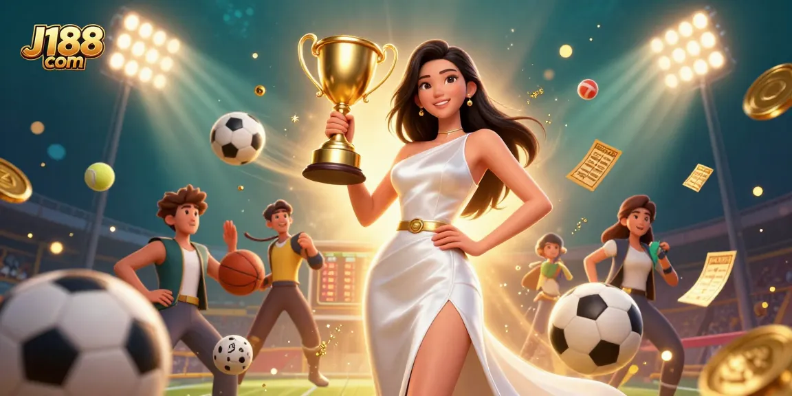 Bet on J188 com and win big with 3D illustration of victorious Asian woman in a dazzling casino atmosphere.