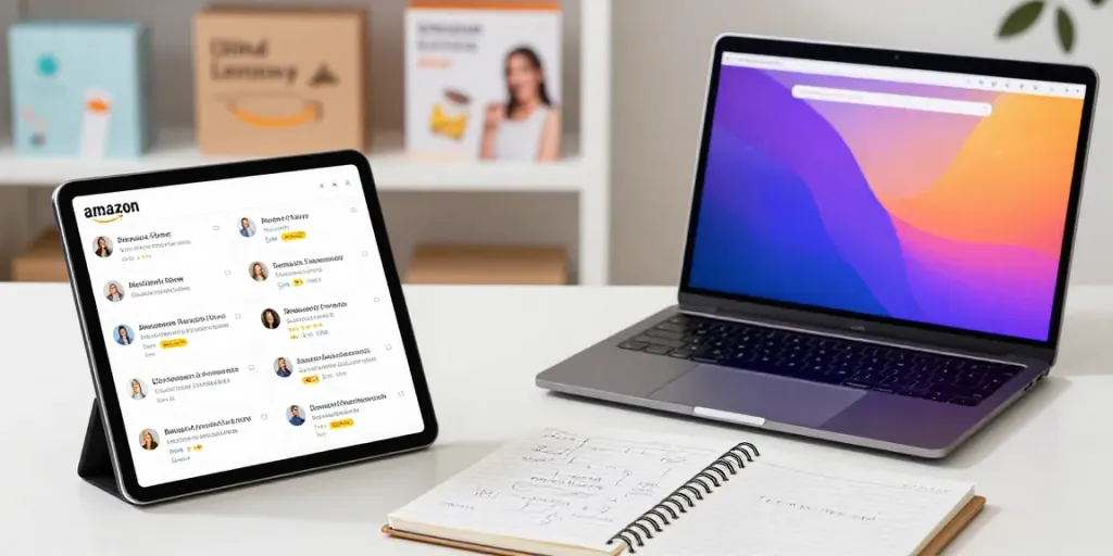 Reseñas de Amazon en tablet junto a un producto atractivo y estrategias de venta.