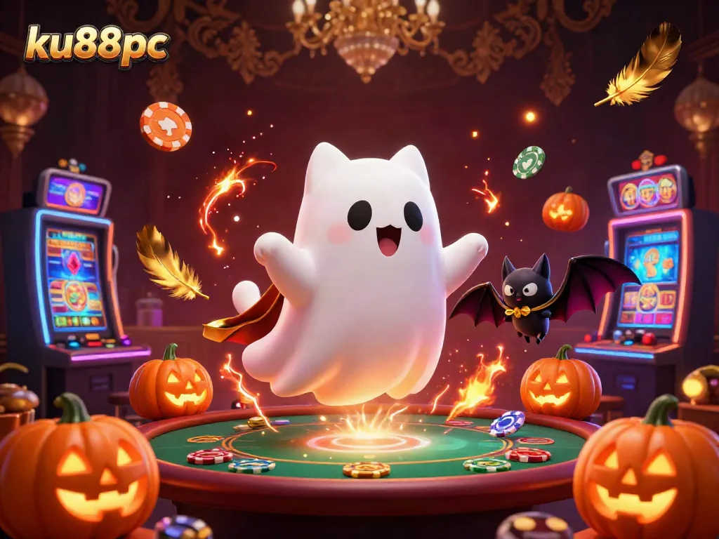 Experience the thrill of casino gaming with ku88pc's ghostly cat and bat companions in this vibrant, dynamic illustration.