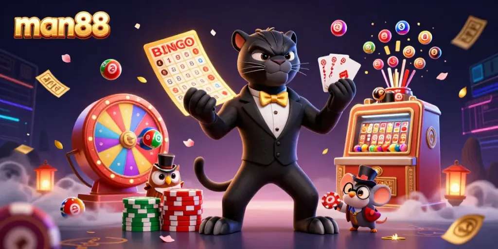 man88 offers exciting casino gameplay with a 3D panther and lucky characters surrounded by colorful casino elements.