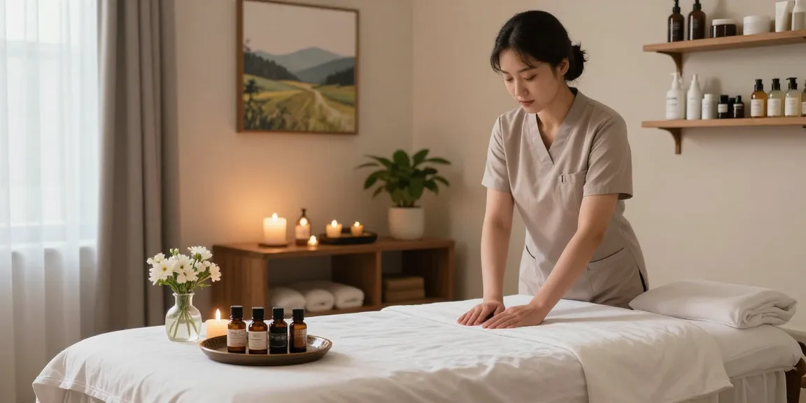 Relaxing 안양출장마사지 setting with professional therapist, essential oils, and soothing atmosphere