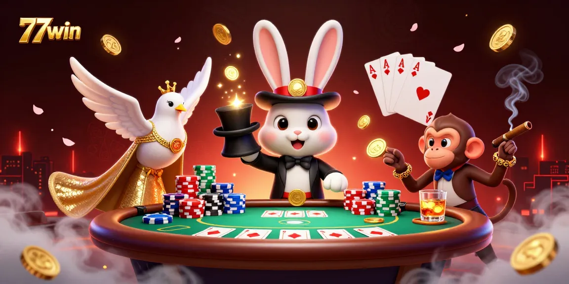 Experience the thrill of winning with 77win’s captivating gaming scene filled with poker elements.