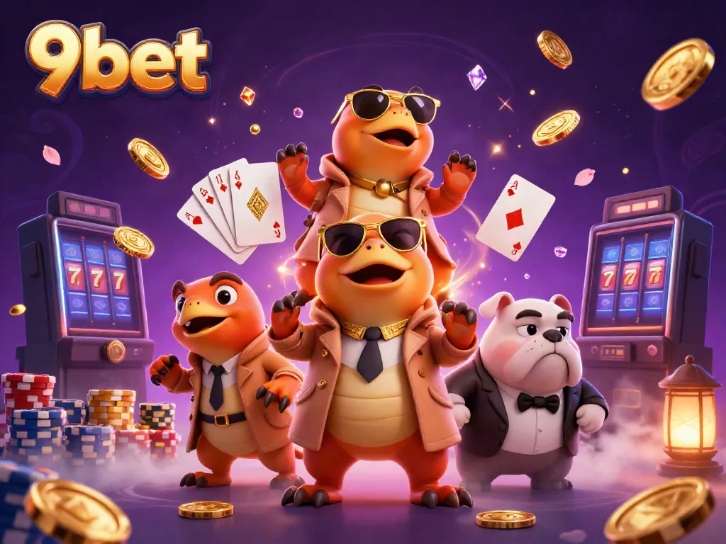 Raptors in a trench coat entering a VIP casino lounge with 9bet prominently featured.