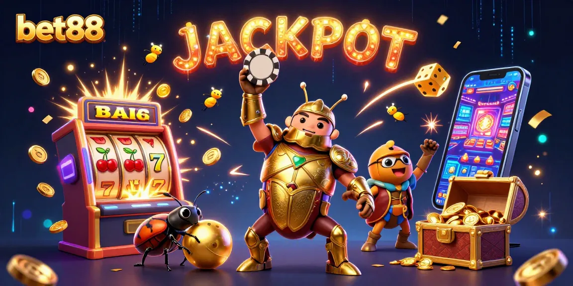 bet88's winning moment illustrated with heroes in armor celebrating jackpot amidst vibrant casino elements.