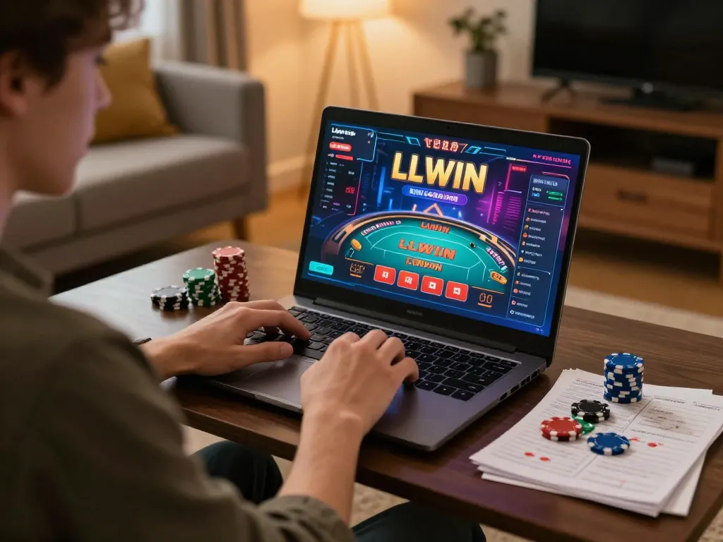 Person gaming on LLWIN's platform, enjoying responsible gambling with strategic notes and decor.