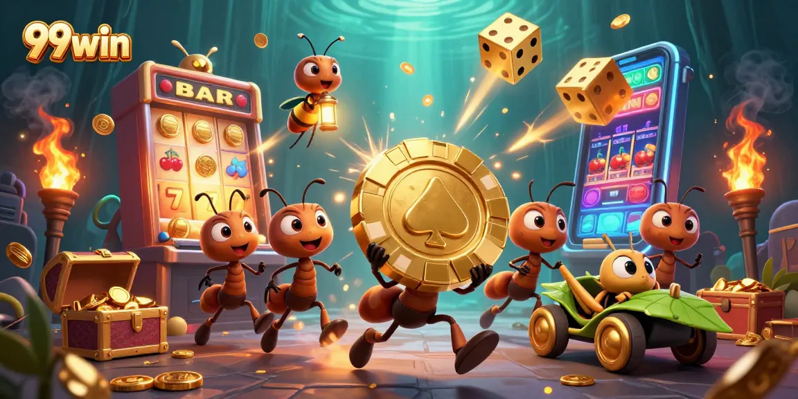 Win big at 99win with a lively illustration of ants stealing a massive poker chip.
