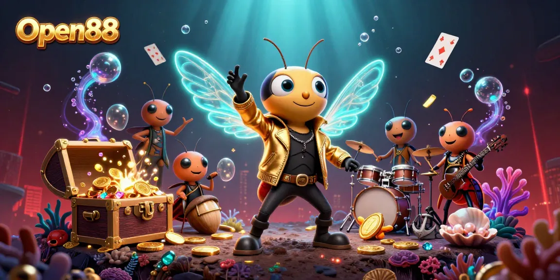 Experience the excitement of Open88 with our dynamic casino scene featuring a cicada rock star and dazzling games.
