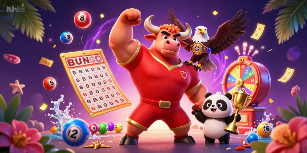 Experience gaming excitement with Nh88: vibrant characters, dynamic lotto balls, and exhilarating casino elements.