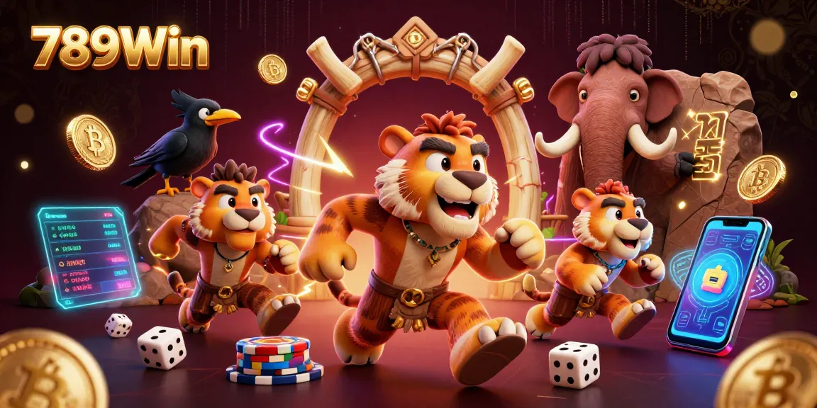 Join the 789Win fun at the energetic prehistoric casino scene with cartoon characters.