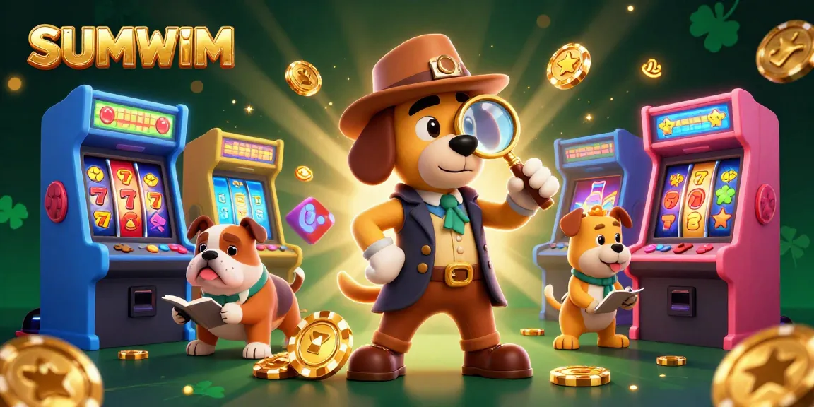 Engage with SUMWIM through an adventurous poker scene featuring cartoon detectives and exciting game elements.