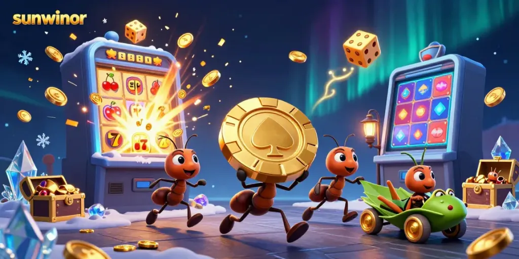 Experience the excitement of sunwinor while ants navigate a gold-filled casino heist scene.