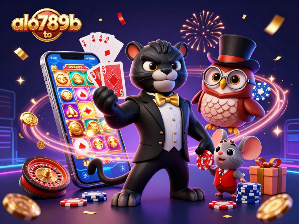Engaging illustration showcasing alo789b to with a stylish panther dealing cards amid casino excitement.