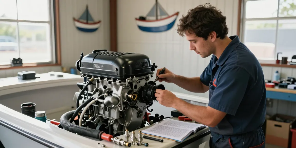 Reparación de motor de barco en Barcelona en un taller de mecánica marítima con herramientas y un técnico trabajando