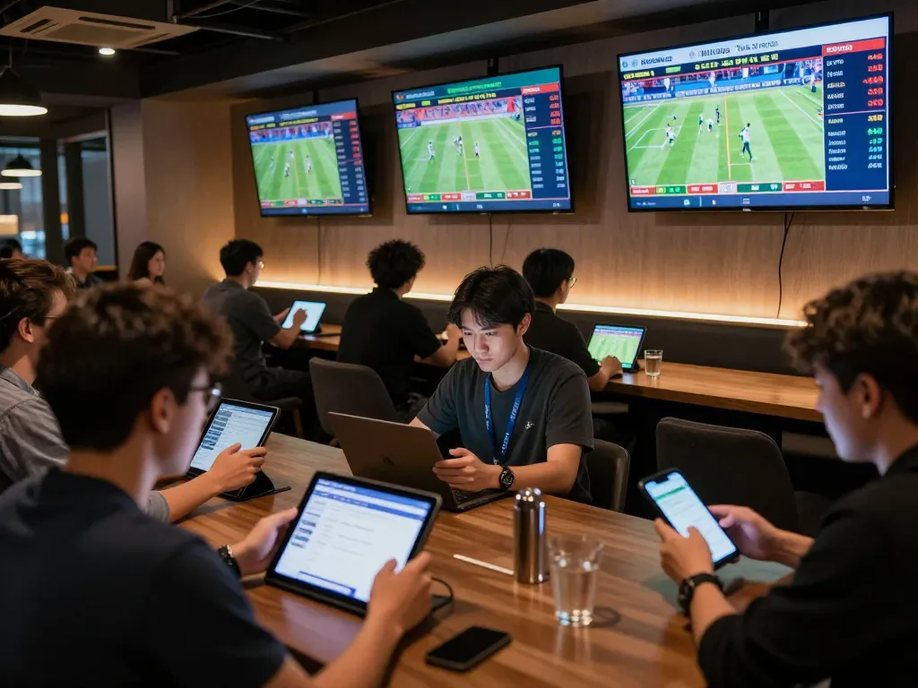 Engaging sports betting lounge scene showcasing tỷ lệ kèo nhà cái 5 with bettors actively placing wagers.