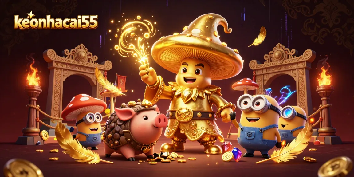 Engage with keonhacai55's vibrant casino magic as a golden mushroom wizard and treasure seekers fill the scene.