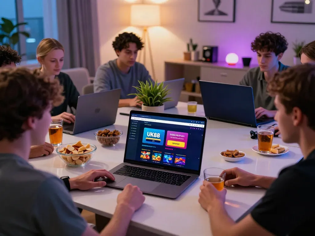 Players engaging in a lively online gambling session on UK88, with vibrant atmosphere and modern decor.