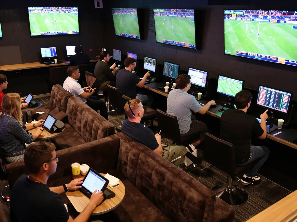Engaged bettors analyzing Keo nha cai 5 odds in a modern sports betting lounge.