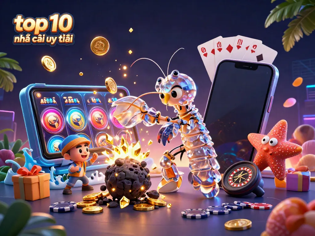 Experience the thrill of top 10 nhà cái uy tín as colorful slot games and treasure explode in a vibrant casino landscape.