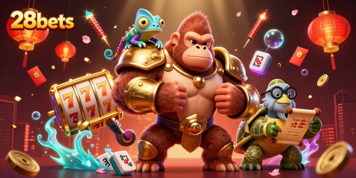 Engage in thrilling gameplay with 28bets, featuring a powerful gorilla king and lively casino elements.