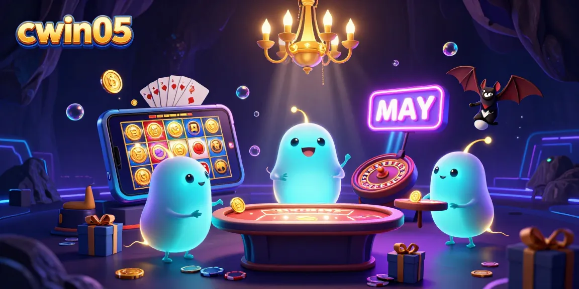 Cwin05 players enjoying vibrant casino games surrounded by bioluminescent glowworms and a bat dealer.
