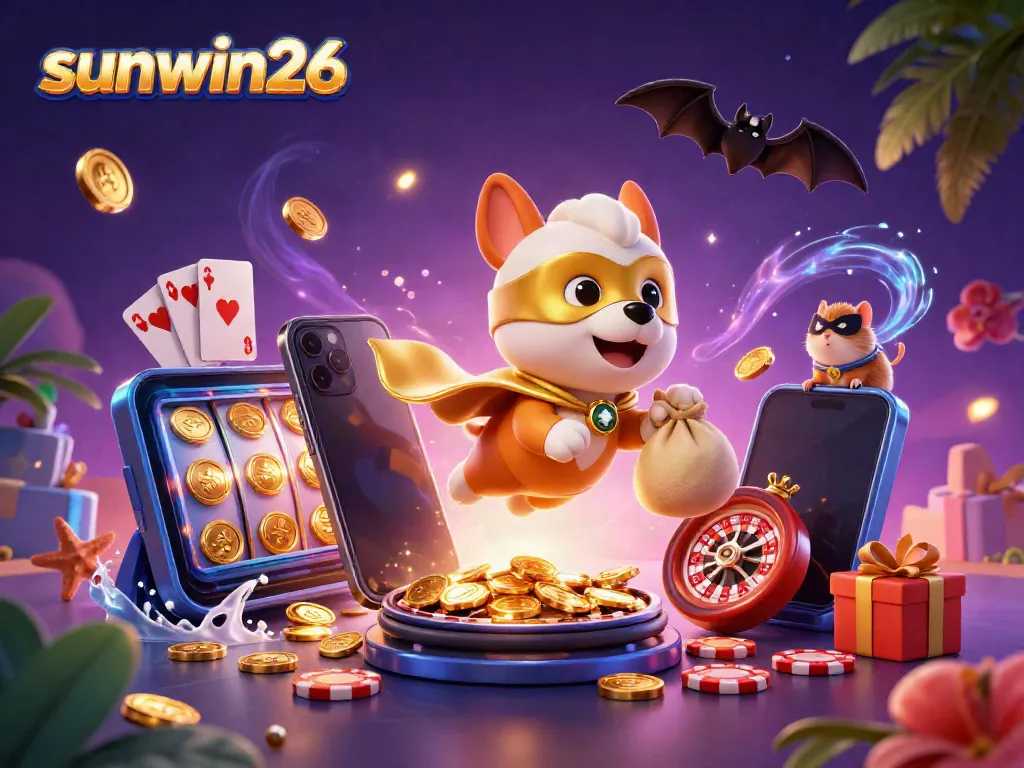 Experience thrilling gaming with sunwin26; a flying superhero dog carries coins amidst vibrant casino elements.