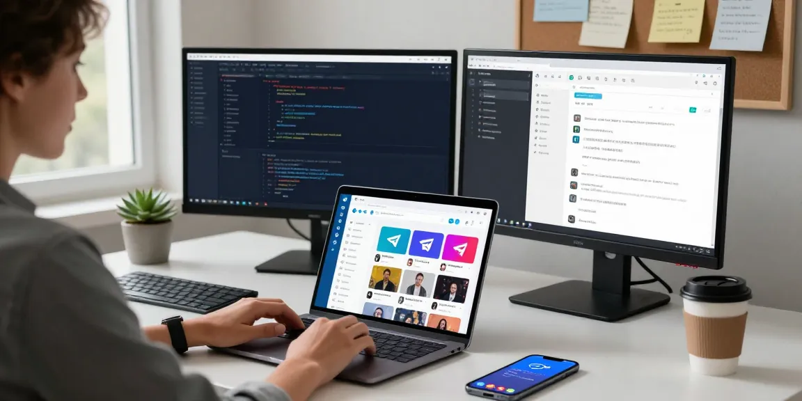 Engaging workspace with Telegram网页版 open on laptop, showcasing modern tech integration.