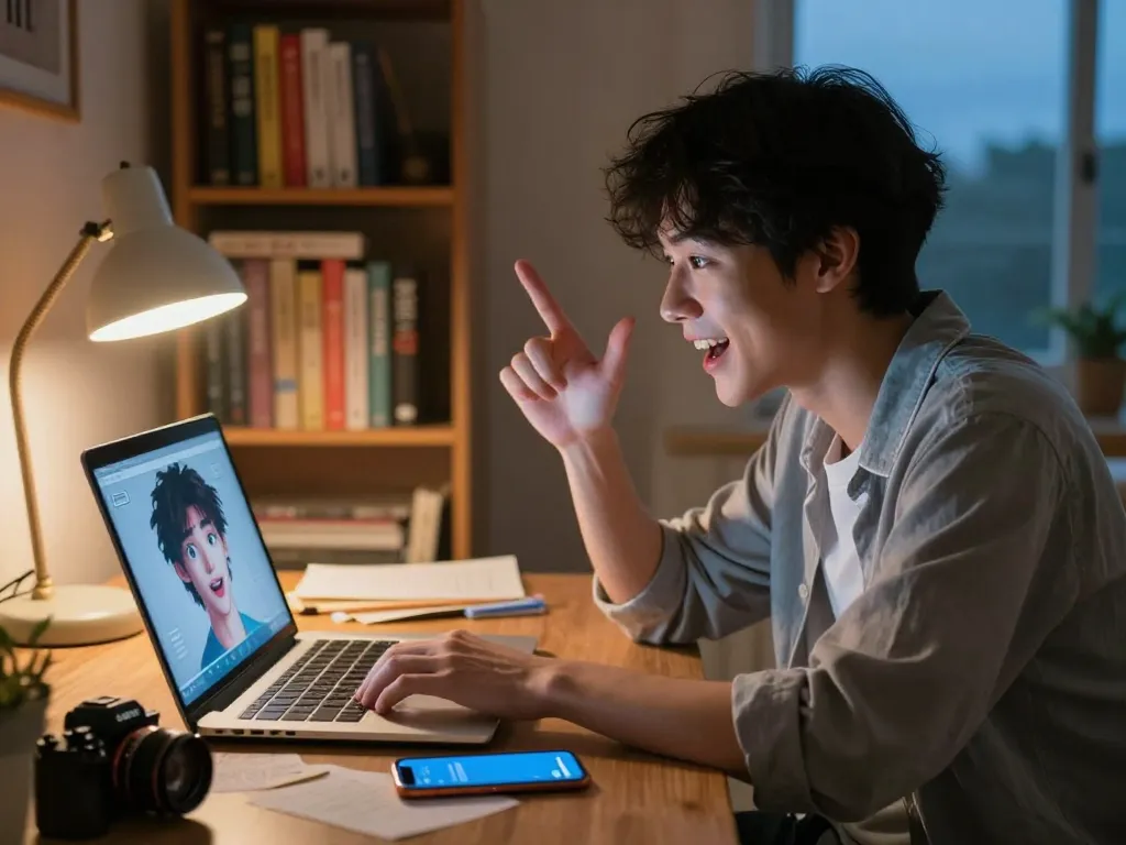 Engaging ai porn chat scene with digital character on a laptop, inviting atmosphere.