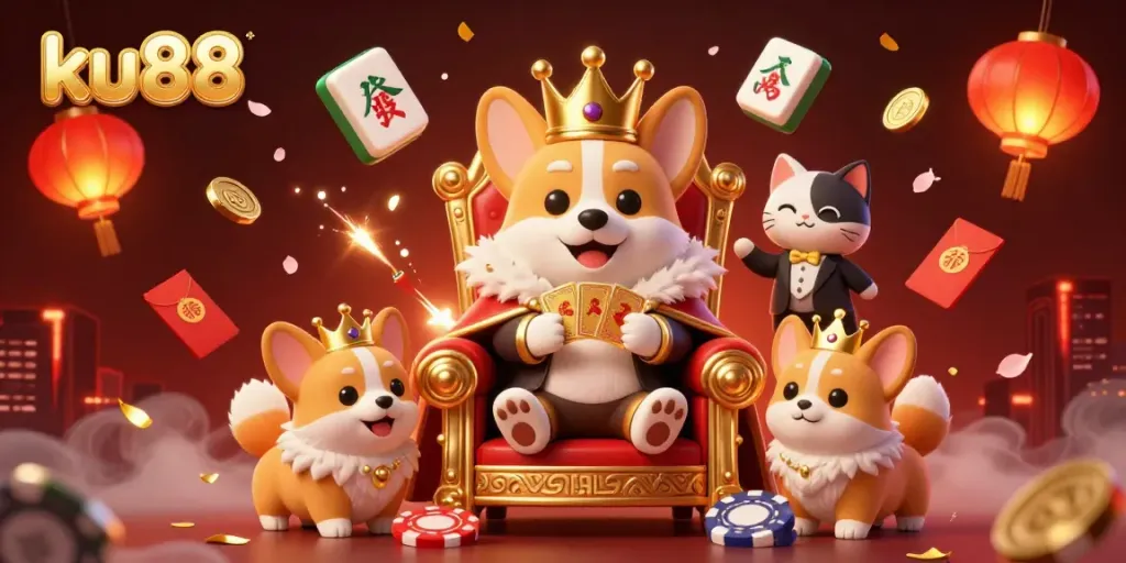 Play slots and win big with ku88 in a vibrant gaming scene featuring playful characters and dynamic casino elements.