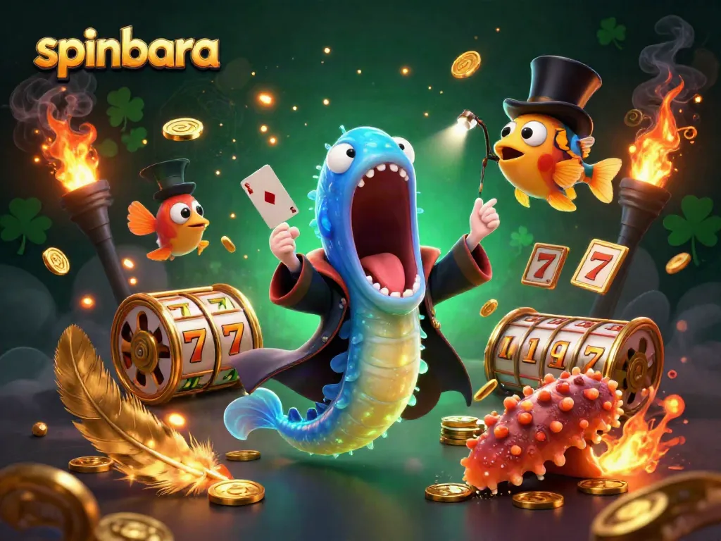 Join the spinbara themed casino adventure with a magical eel performing card tricks amidst vivid gaming symbols.