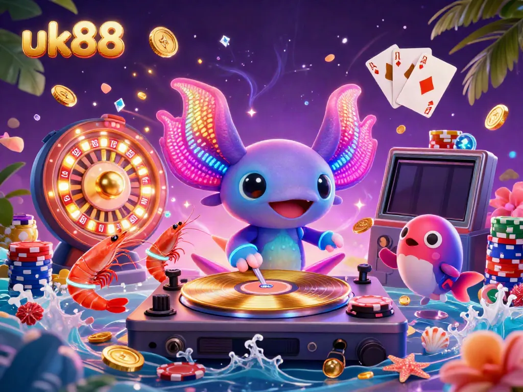 Engaging scene of uk88 with a vibrant axolotl DJ, dancing shrimp, and beatboxing blowfish surrounded by casino elements.